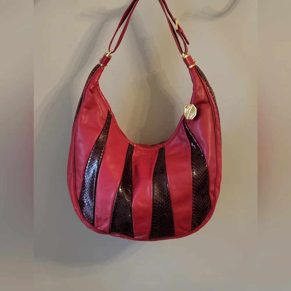 Fontanelli By Reco's Vtg 80s Red Leather/Reptile Hobo Shoulder Bag